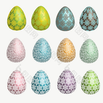 集复活节鸡蛋装饰与花边模式柔和的颜色精致的阴影孤立的白色背景可以使用创建卡片邀请横幅和传单春天假期主题