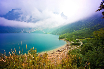 雾在湖山幻想和及自然景观自然概念上的图像海产的奥科塔特拉<strong>波兰</strong>