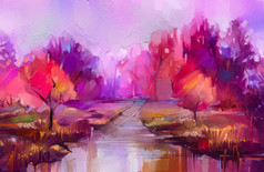 石油绘画色彩斑斓的秋天树半摘要图像森林风景与黄色的红色的叶和湖秋天秋天季节自然背景手画印象派户外景观