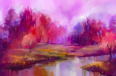 石油绘画色彩斑斓的秋天树半摘要图像森林阿斯彭树与黄色的红色的叶和湖秋天秋天季节自然背景手画印象派户外景观