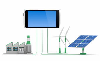 <strong>环保</strong>概念绿色工厂风涡轮而且太阳能面板连接智能手机孤立的白色<strong>背景</strong>