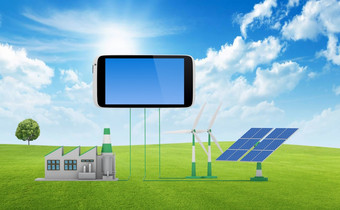 环保概念绿色工厂风涡轮而且太阳能面板连接智能手机孤立的白色背景