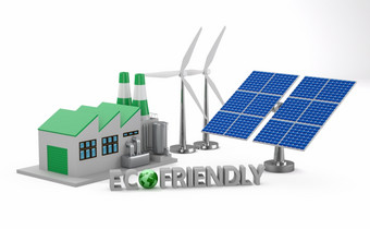 环保概念绿色工厂风涡轮而且太阳能面板孤立的白色背景