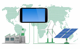 环保概念绿色<strong>工厂</strong>风涡轮而且太阳能面板连接智能手机前面<strong>世界</strong>地图背景