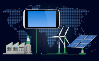环保概念绿色工厂风涡轮而且太阳能面板连接智能手机iin前面世界地图背景