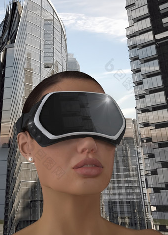 插图女人穿虚拟现实头戴显示头戴式显示器