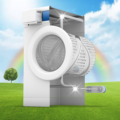 洗机清洁概念绿色草坪上,渲染
