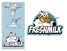 标志设计元素新鲜的牛奶概念微笑牛持有玻璃牛奶