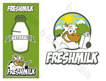 标志设计元素新鲜的牛奶概念微笑牛持有玻璃牛奶