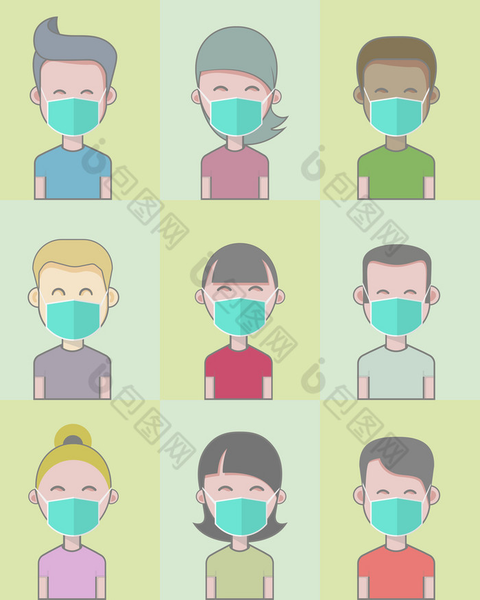 冠状病毒中国年轻的人绿色医疗脸面具概念冠状病毒检疫向量插图