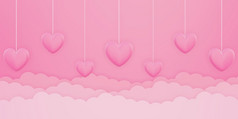 情人节rsquo一天爱概念背景粉红色的心形状挂的天空与云