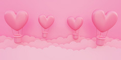 情人节rsquo一天爱概念背景粉红色的心形状的热空气气球飞行天空与纸云