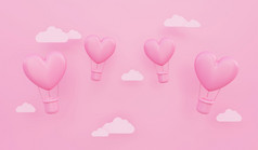 情人节rsquo一天爱概念背景粉红色的心形状的热空气气球飞行的天空与纸云复制空间