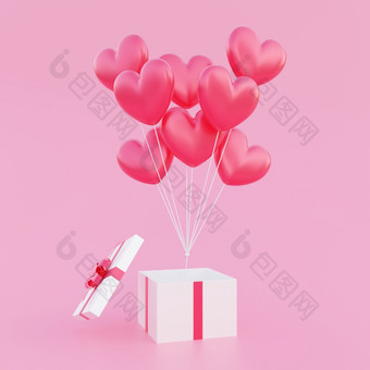 情人节rsquo一天爱概念背景红色的心形状的气球花束浮动出打开礼物盒子