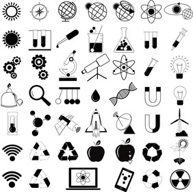 科学技术图标有的平向量插图与各种各样的科学化学和技术符号
