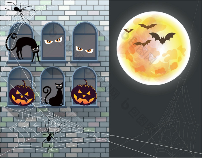 万圣节背景与蜘蛛网猫和南瓜窗口砖墙灰色老建筑蝙蝠和月亮向量为网络背景设计元素为的快乐万圣节概念