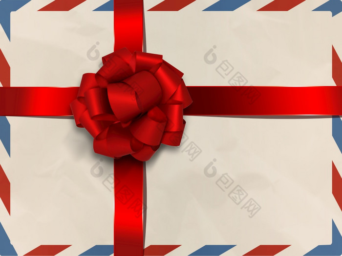 古董空气邮件信封与红色的礼物弓