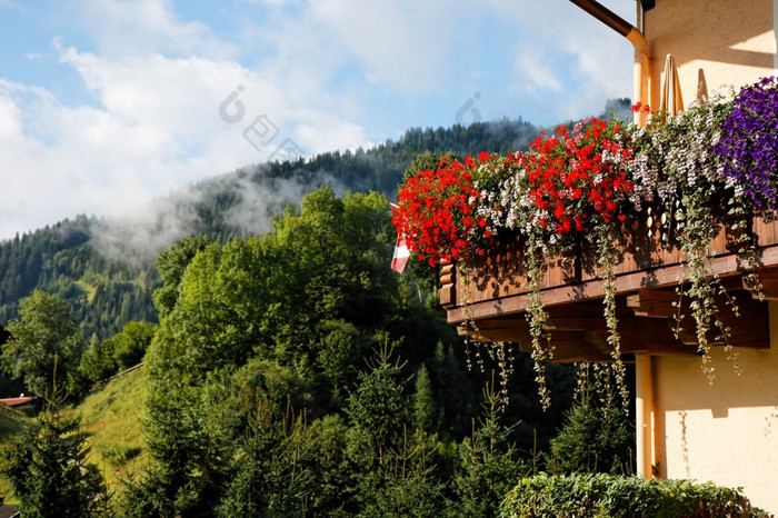 高山的小木屋阳台与花绿色山背景高山的小木屋阳台与花绿色山背景