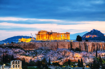 卫城雅典希腊的晚上后日落
