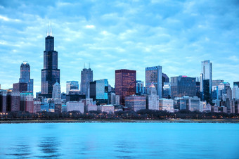 芝加哥市中心城市景观日落