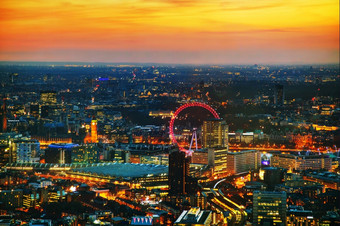 空中概述伦敦城市的日落时间