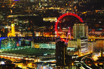 空中概述伦敦城市的晚上时间