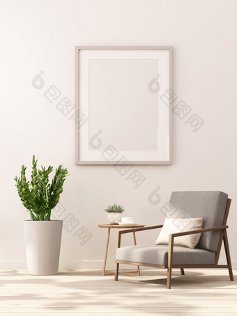 呈现模拟室内设计为生活房间与图片框架白色墙