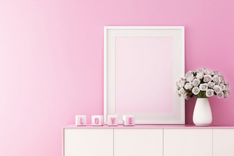 呈现模拟室内设计为生活房间与图片框架粉红色的墙情人节rsquo一天背景