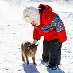 小男孩玩与的猫的雪