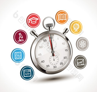 时间学习概念秒表与学校符号生物学化学物理数学文学地理位置编程