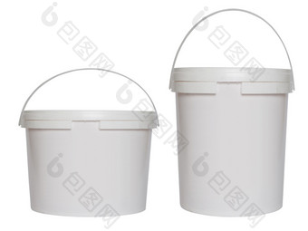两个白色塑料桶孤立的白色背景两个白色塑料桶