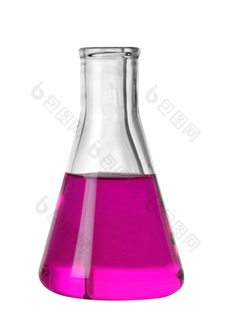 化学实验室瓶与紫罗兰色的液体孤立的白色背景化学实验室瓶与紫罗兰色的液体