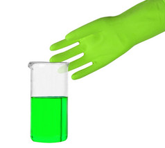 绿色手套和测试管孤立的白色背景绿色手套和测试管