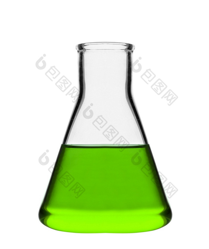 化学实验室瓶与绿色液体孤立的白色背景化学实验室瓶与绿色液体