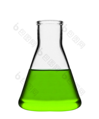<strong>化学实验室</strong>瓶与绿色液体孤立的白色背景<strong>化学实验室</strong>瓶与绿色液体