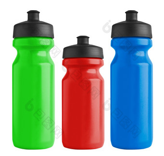 集空白自行车塑料瓶为水孤立的白色背景集空白自行车塑料瓶为水