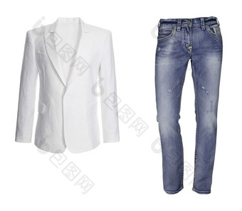 蓝色的牛仔裤与白色夹克孤立的白色背景蓝色的牛仔裤与白色夹克孤立的