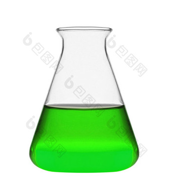 <strong>化学实验室</strong>瓶与绿色液体孤立的白色背景<strong>化学实验室</strong>瓶与绿色液体孤立的