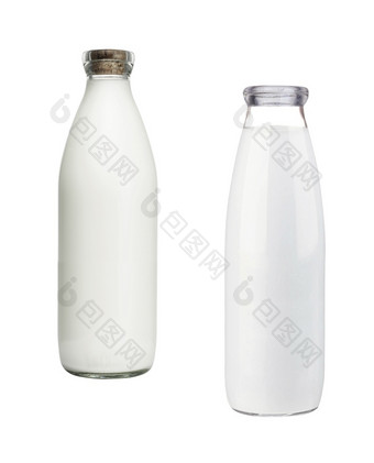 两个牛奶瓶孤立的白色背景两个牛奶瓶