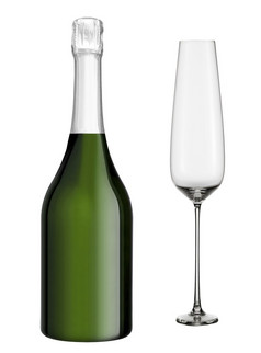 瓶香槟与玻璃孤立的白色背景