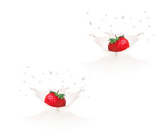 草莓下降成牛奶孤立的白色背景草莓下降成牛奶