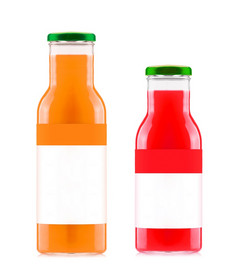 橙色和草莓果汁玻璃瓶孤立的白色背景橙色和草莓果汁玻璃瓶