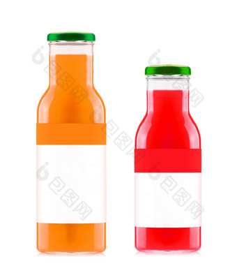 橙色和草莓果汁<strong>玻璃瓶</strong>孤立的<strong>白色</strong>背景橙色和草莓果汁<strong>玻璃瓶</strong>