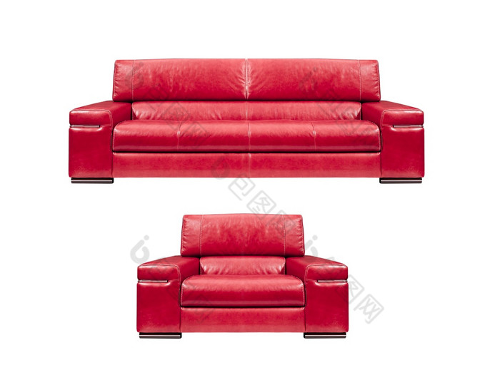 红色的皮革沙发与扶手椅孤立的红色的皮革沙发与扶手椅