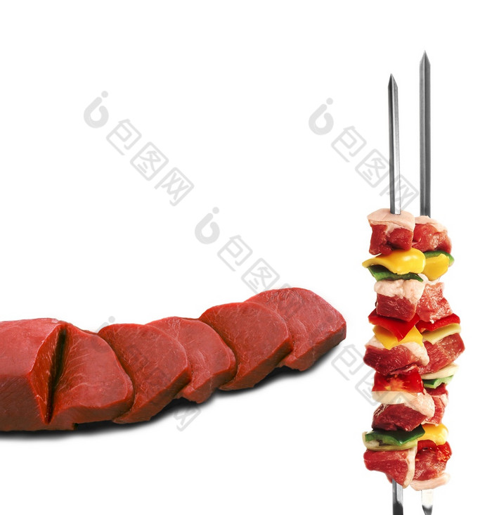 希什烤肉串串和生肉孤立的白色背景希什烤肉串串和生肉
