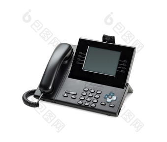 办公室电话集与液晶显示器显示孤立的白色办公室电话集与液晶显示器显示