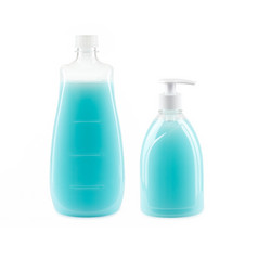 两个瓶与液体肥皂孤立的白色背景两个瓶与液体肥皂