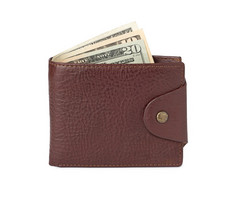 棕色（的）皮革钱包与钱孤立的白色背景棕色（的）皮革钱包与钱
