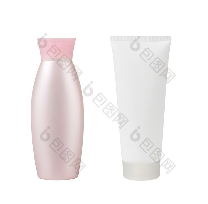 洗发水瓶与白色管creame孤立的白色背景洗发水瓶与白色管creame