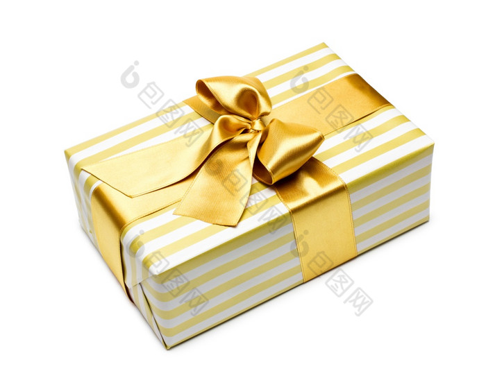 礼物盒子黄金二人组语气与金缎丝带和弓孤立的在白色背景礼物盒子黄金二人组语气与金缎丝带